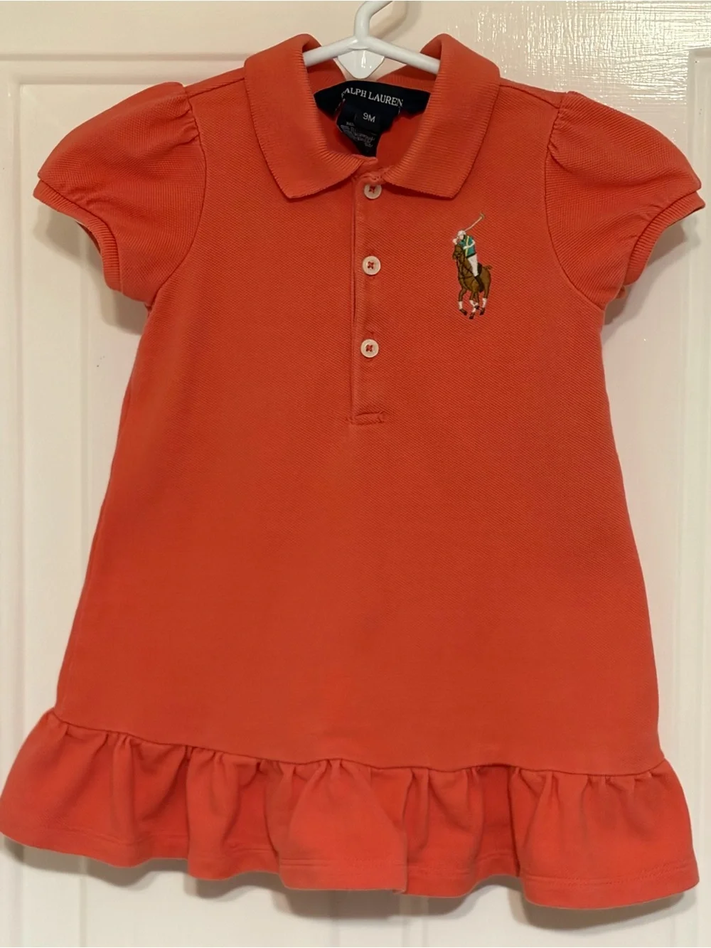 Ralph Lauren Baby Girls Orange Dress w/Ruffle Hem & Large Polo Pony 9 Months